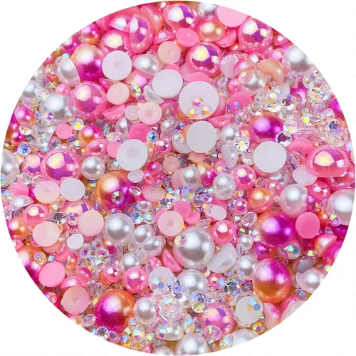 Miniatura 14 de Cuentas de resina mixta con diamantes de imitación y perlas semirredondas, 30 g, diamantes de imitación de parte trasera con perlas medias