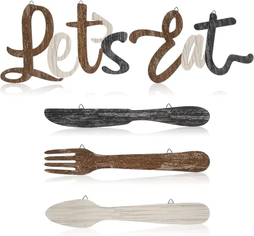 Miniatura 9 de Jetec 5 carteles de decoración de pared de cocina, tenedor, cuchara, cuchillo, decoración de cocina, letrero rústico de madera para decoración