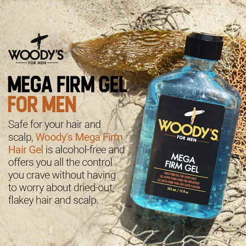 Miniatura 2 de Woody's Gel para el cabello Mega Firm para hombres, fijación fuerte, sin alcohol, sin escamas, gel para el cabello de los hombres para un
