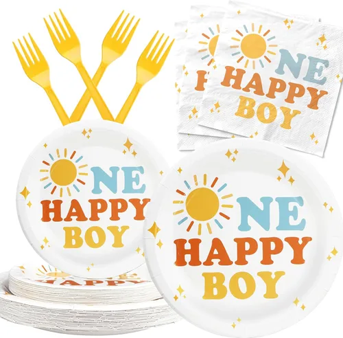 Miniatura 19 de Here Comes the Son - Suministros para baby shower para 20 invitados – Platos boho Sun y Rainbow Platos, servilletas y tenedores – Juego de vajilla