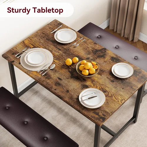 Miniatura 3 de Alkmaar Juego de mesa de cocina con 2 bancos tapizados para 4 personas, mesa rectangular de metal y madera para espacios pequeños, apartamento