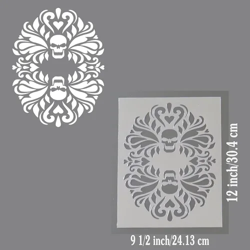 Miniatura 4 de Plantilla de damasco floral decorativa de doble calavera gótica de 9 1/2 x 12 pulgadas.
