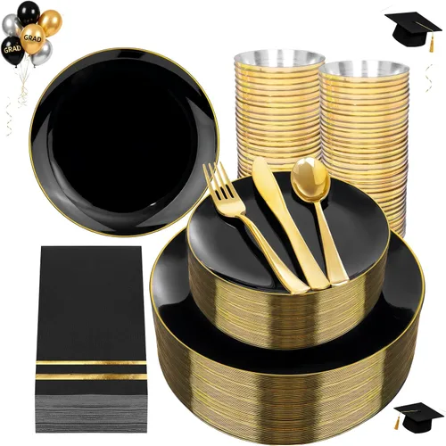 Miniatura 13 de NOCCUR 700 platos de plástico dorados, juego de vajilla desechable dorada para 100 personas, incluye 200 platos de cena/postre, 300 cubiertos, 100