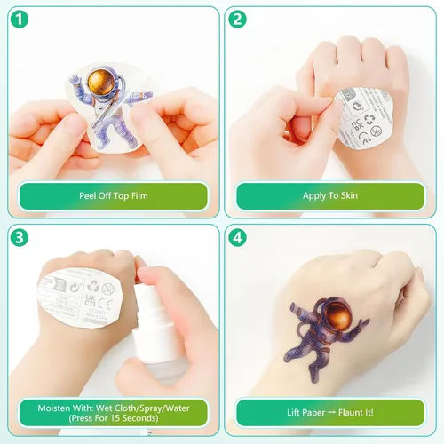 Miniatura 3 de Más de 150 tatuajes temporales con purpurina para niños, envueltos individualmente, calcomanías de tatuaje impermeables, sirena, dinosaurio, animal