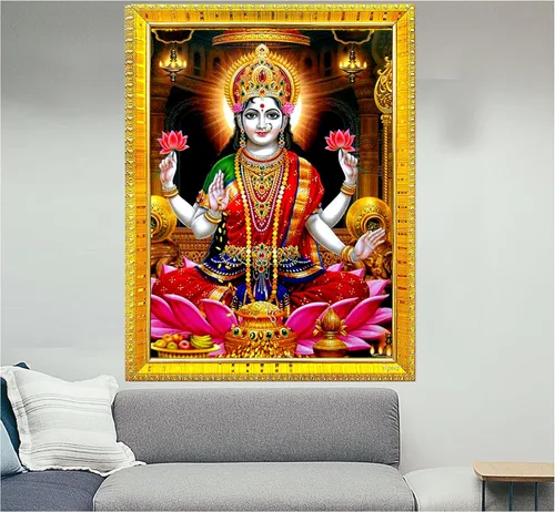 zig zag Goddess Maa Lakshmi Devi - Marco de fotos grande para pared, mesa/Pooja, tamaño de habitación, marco de fotos grande (16 x 24 pulgadas,