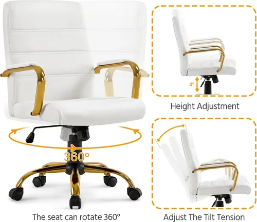 Miniatura 9 de Topeakmart Silla de escritorio de oficina Silla ejecutiva de cuero sintético ajustable con marco dorado asiento blanco Blanco y dorado
