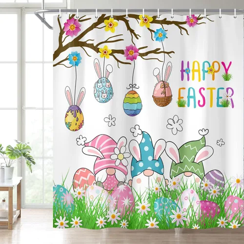 Miniatura 12 de Wathon Bonita cortina de ducha de conejo de Pascua, juego de decoración de baño con mariposa floral, tela de tela, juego de decoración de baño