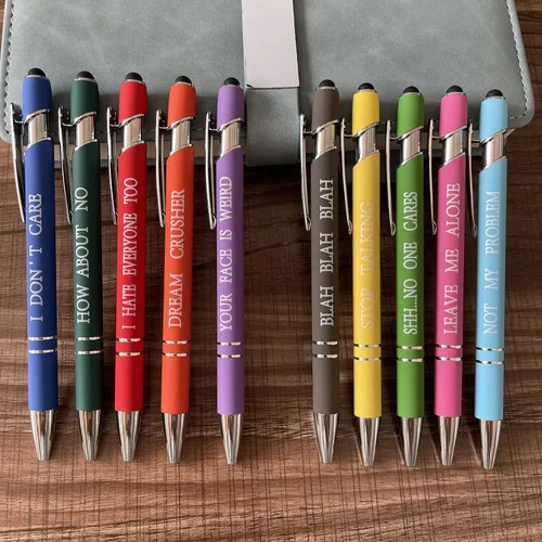 Miniatura 6 de Jxueych 10 bolígrafos motivacionales con citas sarcásticas, regalos de oficina, 2 en 1, elegante lápiz capacitivo de metal para pantallas táctiles