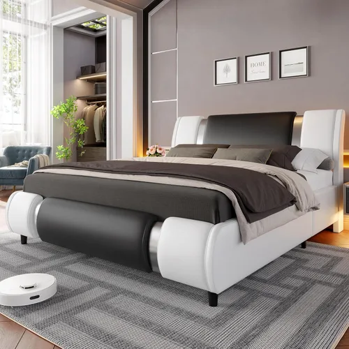 Miniatura 8 de Keyluv Base de cama moderna tapizada de piel sintética con cabecera decorativa de metal, soporte de listones de madera, no necesita somier