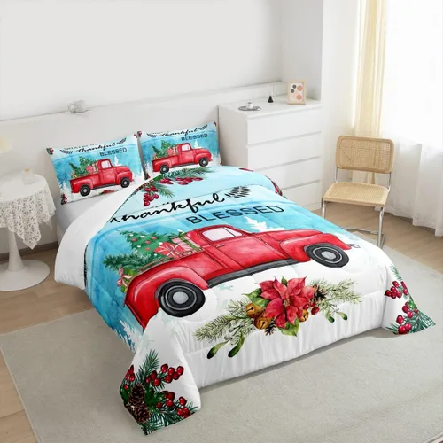 Miniatura 6 de Juego de edredón de Feliz Navidad para niños, tamaño twin, juego de ropa de cama de camión rojo árboles de pino copos de nieve, decoración