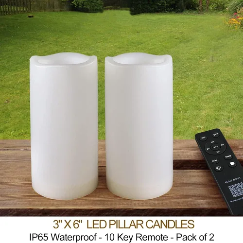Miniatura 2 de Paquete de 2 velas LED blancas de 3 x 6 pulgadas para exteriores IP65 impermeables, velas de pilar alimentadas con temporizador y control remoto
