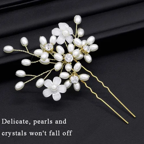 Miniatura 4 de Elegantes horquillas para el pelo de boda con perlas, accesorios de cristal floral flexibles para mujeres nupciales, paquete de 3 (dorado)