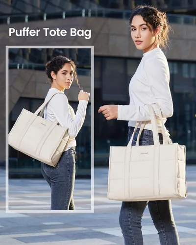 Miniatura 2 de LOVEVOOK Bolsa para laptop para mujer, bolsa de mano acolchada para el trabajo, maletín grande de computadora de 15.6 pulgadas para profesores, Beige
