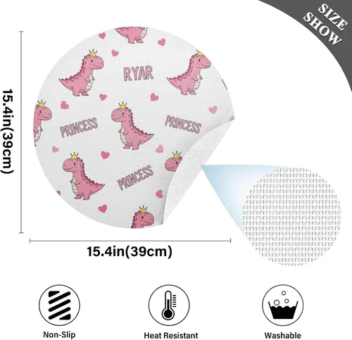 Miniatura 4 de Cute Pink Cartoon Dinosaurs Dinner Table Placemats, Heat Resistant Non Slip PVC Placemats Round for Kitchen one sizex4
