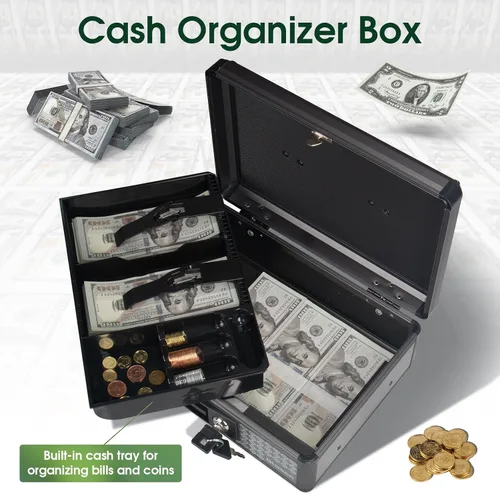 Miniatura 2 de Glosen Caja de efectivo con cerradura, caja de dinero con cerradura de llave y bandeja extraíble para monedas de 8.85 x 5.3 x 11.8 pulgadas