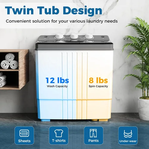 Miniatura 4 de COSTWAY Lavadora portátil, doble tina de 20 libras de capacidad, lavadora compacta de lavandería (12 libras) y giratoria (8 libras), diseño duradero