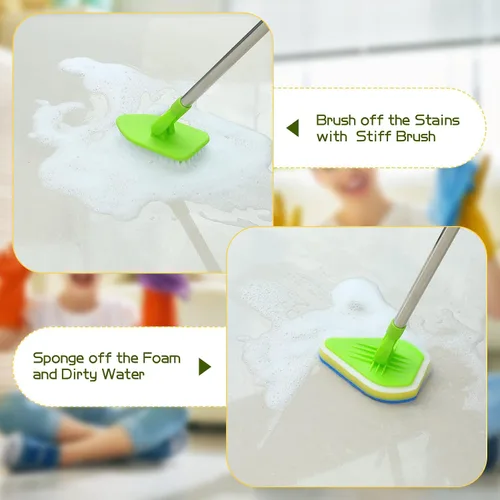 Miniatura 6 de Cepillo de limpieza con mango largo, 2 en 1, extensible, para baño, con 2 cerdas rígidas y 4 esponjas con mango largo, limpiador ligero desmontable