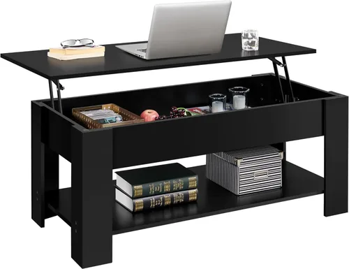 Miniatura 10 de Yaheetech Mesa de café de madera, mesa de centro con estante de almacenamiento oculto grande, mesa de comedor con superficie elevada para sala