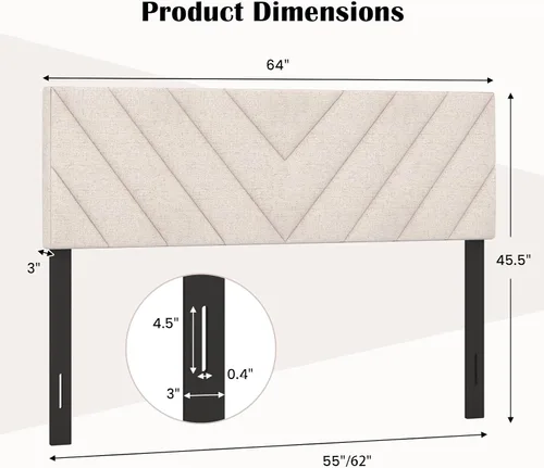 Miniatura 3 de KOMFOTT - Cabecera tapizada en tela de lino para cama tamaño Full/Queen, cabecera rectangular con patas de madera maciza y ancho ajustable, cabecera