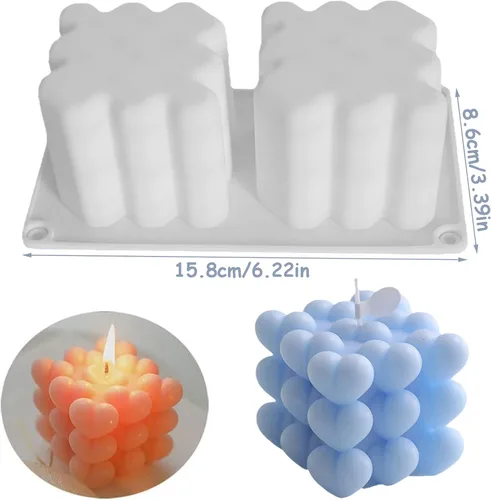 Miniatura 2 de Molde de vela de silicona con forma de corazón de 2 cavidades, molde de burbujas geométricas 3D para hacer velas, jabón de resina, moldes de corazón
