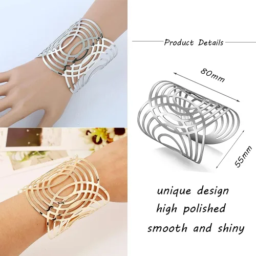 Miniatura 6 de MOZAKA 6 pulseras de alambre ancho abierto para mujer, pulsera de oro