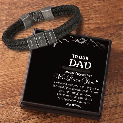 Miniatura 5 de Pulsera personalizada con nombre para hombre, pulsera de cuero personalizada para hombre con 2-5 cuentas vintage grabadas con nombres de familia