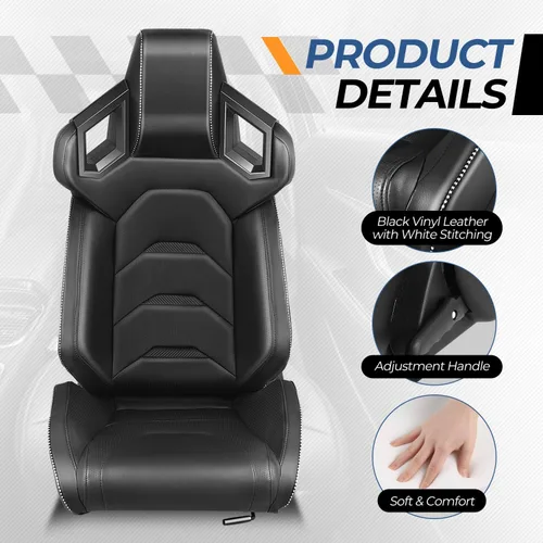 Miniatura 6 de Auto Dynasty Par de Asientos de Carreras Universales Tipo Bucket de Cuero Vinílico y Fibra de Carbono Reclinables con Rieles de Montaje Inferior