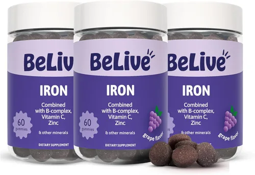 BeLive Gomitas de hierro, suplemento multivitamínico de hierro con vitamina C, A, B y zinc, apoya el oxígeno en sangre, suplementos veganos para