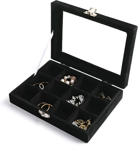 Frebeauty Bandeja organizadora de joyas con tapa transparente, 12 rejillas de terciopelo con tapa transparente, vitrina de joyería, caja de joyería