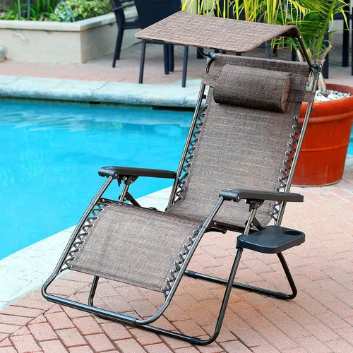 Miniatura 2 de Jeco Silla de gravedad cero de gran tamaño con sombrilla y bandeja de bebidas, malla marrón