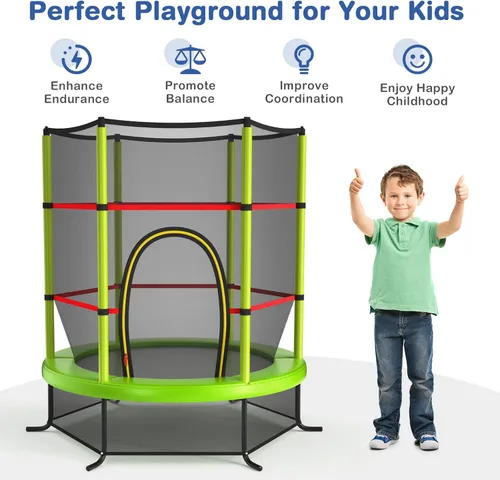 Miniatura 8 de Giantex - Trampolín infantil de 55”, con red de seguridad y almohadilla de resorte, marco de acero resistente con cremallera integrada, Verde