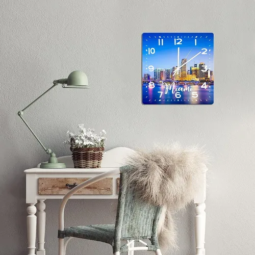 Miniatura 6 de Reloj de pared American Florida State Miami City Skyline Paisaje urbano Vista de la ciudad Reloj clásico de madera sin tictac funciona