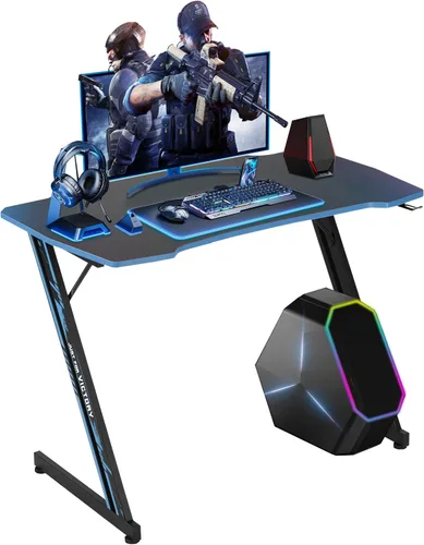 Miniatura 13 de Dkelincs Escritorio de juegos de 89 cm para PC, escritorio de oficina en casa, mesa de juegos en forma de Z. Estación de trabajo para jugadores Azul