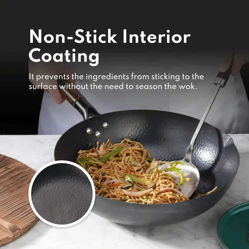 Miniatura 4 de New Star Foodservice 1029154 Acero al carbono martillado a mano, acero al carbono Wok antiadherente, incluye fondo redondo de 12.7 pulgadas, tapa