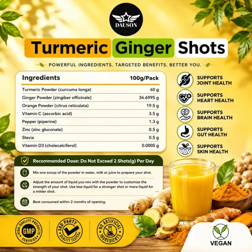 Miniatura 2 de Suplementos de Cúrcuma y Jengibre con Piperina, Vitamina C, Vitamina D3 y Zinc 100 Porciones de Shots de Cúrcuma y Jengibre para la Salud
