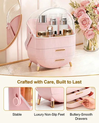 Miniatura 3 de Organizador de maquillaje con cajones y tapa, estuche portátil grande de almacenamiento de cosméticos para encimera de tocador, viajes, regalo