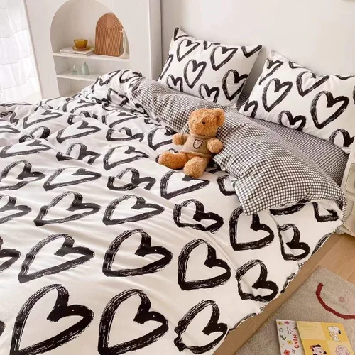 Miniatura 4 de Houseri - Juego de edredón con estampado de corazones, tamaño individual, juego de ropa de cama de algodón de color blanco y negro, para niños