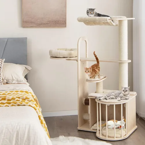 Miniatura 2 de Tangkula Árbol de madera para gatos de interior, centro de actividades de torre para gatos de varios niveles de 55 pulgadas con hamaca, condominio