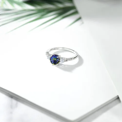 Miniatura 101 de Gem Stone King Anillo de compromiso de 3 piedras preciosas redondas de oro blanco de 10 quilates con piedra natal de 0.236 in con piedra natal