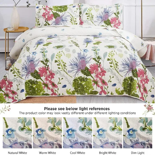 Miniatura 3 de Juego de colcha botánica ligera y fina, multicolor, tamaño King, transpirable, azul, púrpura, verde, blanco, flores, plantas, jardín, edredones