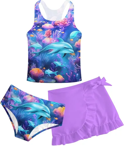 Miniatura 53 de Traje de baño tankini de 3 piezas para niñas, lindo bikini con salida de baño con falda de playa de 5 a 16 años