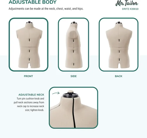 Miniatura 5 de Dritz Mr. Tailor - Forma de vestido ajustable para hombre, talla M a XL, maniquí de ropa masculina para costura, ajuste y drapeado, maniquí