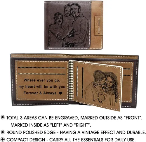 Miniatura 4 de Amlion Carteras personalizadas, cartera de piel grabada para fotos, para hombres, papá, marido, Rojo Marrón, Minimalista
