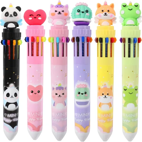 Bolígrafo multicolor de 0.7 mm, 10 en 1, bolígrafos de punta fina retráctiles de dibujos animados de animales lindos para suministros de oficina