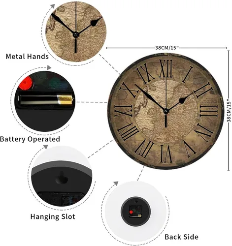 Miniatura 2 de Reloj de pared de madera de estilo vintage, mapa del mundo antiguo con números grandes, reloj de pared redondo preciso, estilo antiguo