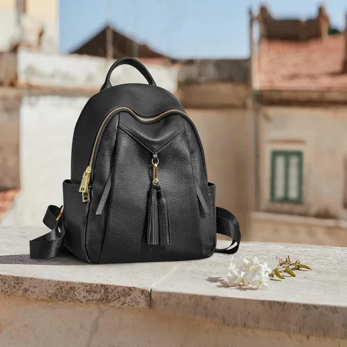 Miniatura 6 de Kattee Mochila de cuero genuino para mujer, suave, casual, bolsa de viaje de moda con cartera de muñeca, Negro