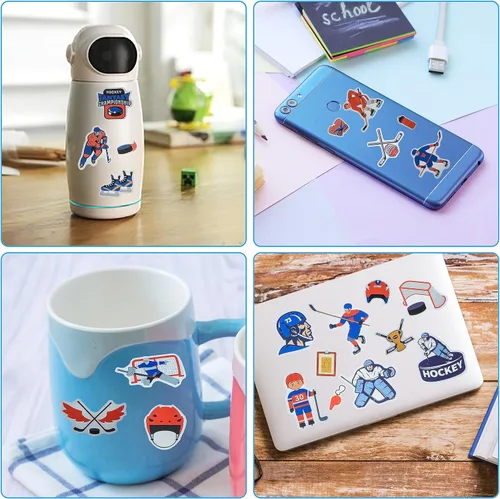 Miniatura 5 de Paquete de 100 calcomanías de hockey sobre hielo, regalos de decoración de fiesta de hockey, calcomanías impermeables para botella de agua, laptop