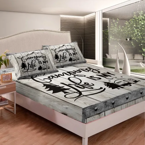 Miniatura 2 de Manfei Happy Camping - Sábana bajera ajustable tamaño individual, funda de cama de caravana con 1 funda de almohada, juego de ropa de cama de madera