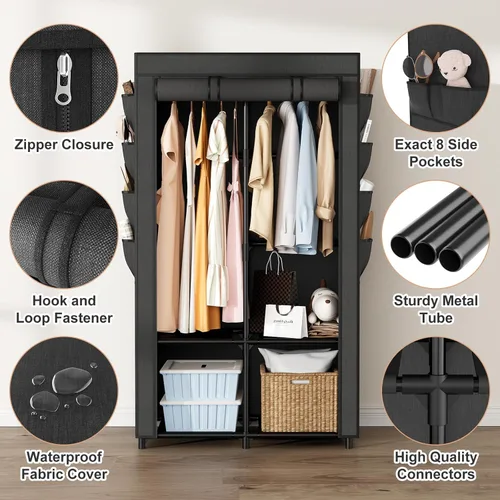 Miniatura 4 de Armario portátil para colgar ropa, armario portátil con tapa, 4 estantes de almacenamiento, 2 varillas para colgar y 8 bolsillos laterales, fácil