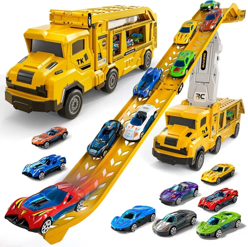 Miniatura 9 de Juguetes de camiones de transporte para niños de 3, 4, 5, 6 y 7 años, juego de camiones transportadores con pista de carreras y 12 juguetes de autos